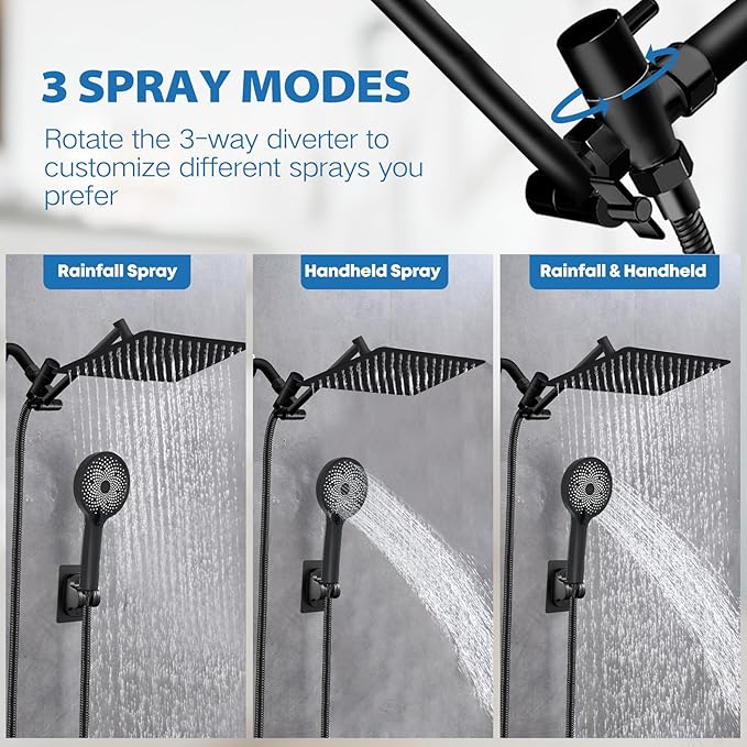 Shower Head,12”Rain Shower Head with Handheld Spray Combo and Adjustable Extension Arm/Shower System,High Pressure Rain Fall Hose,Chrome