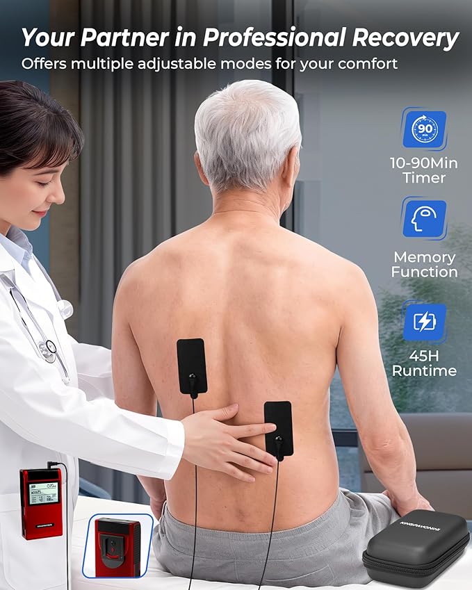 KingPavonini 4-IN-1 TENS Unit Muscle Stimulator, DIY & TENS & EMS & MASS, Dual-Channel 40 Intensities TENS Machine, Muscle Stimulator for Pain Relief Therapy Sciatica Back Pain, 12 Pads (Model: B2501)