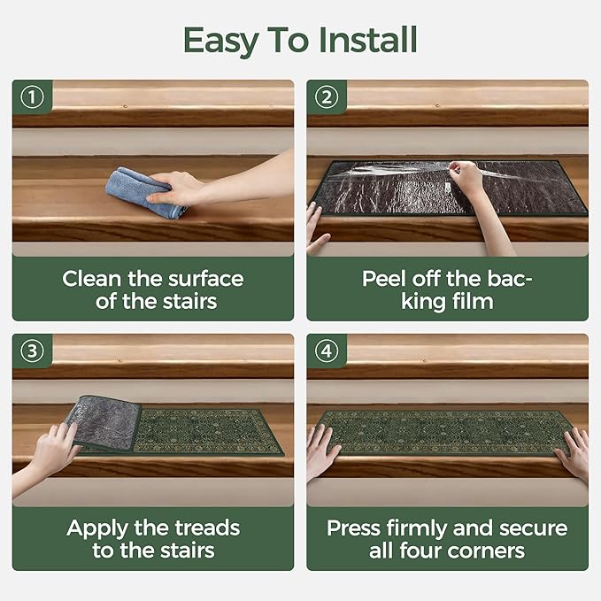 Non Slip Stair Treads for Wooden Steps 15PCS - 8"x30" Indoor Safety Carpet, Edging Mats with TPE Adhesive Backing, Pet and Elderly Friendly Stair Rugs (Dark Green/Multi)