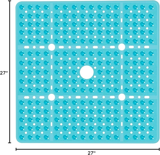 Large Square Shower Mat 27 x 27 Inch Clear Green, Non Slip Shower Bathtub Mats for Inside Shower with Big Suction Cups Drain Holes, Anti Slip Bathroom Floor Stall Mats, Easy Clean, BPA-Free
