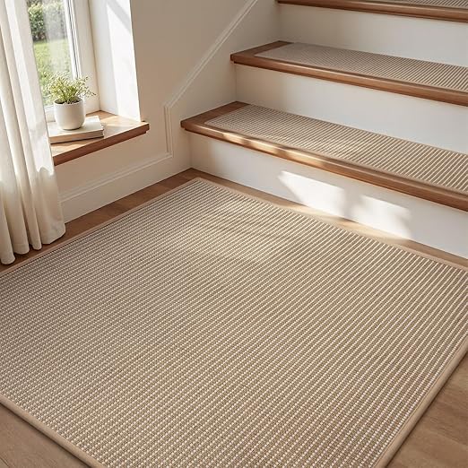 Jute Stair Landing Mat-Square Non Slip Stair Treads for Wooden Steps-Peel and Stick Stair Carpet Indoor, Adhesive Staircase Step Treads Residue Free, Natural Landing Mat for Stairs,31"x31" Beige