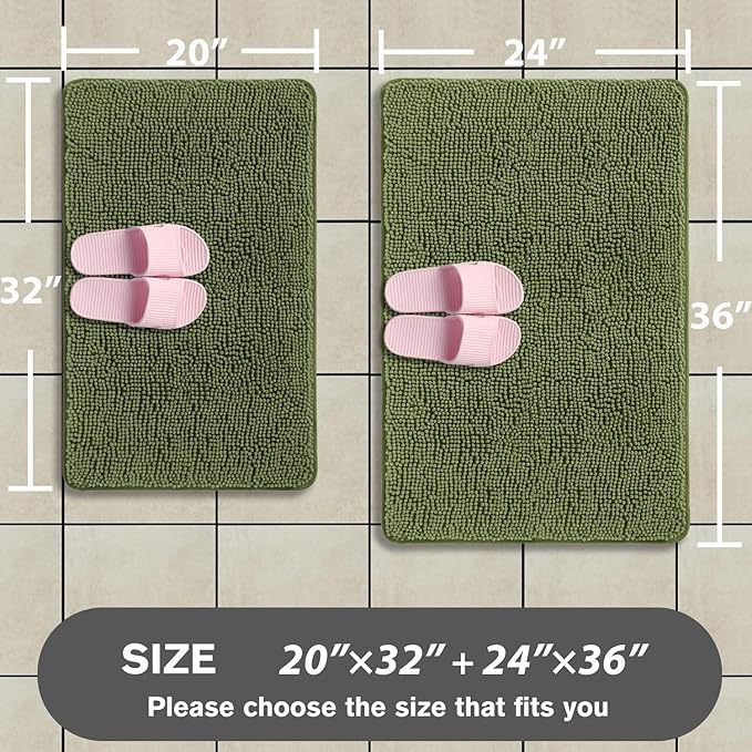 Sage Bathroom Rugs Sets 2 Piece – Absorbent and Washable Bath Mat, Non-Slip, Thick Soft Chenille Bath Rugs for Bathroom Floor, Shower, Sink - 20" x 32"+24" x 36"