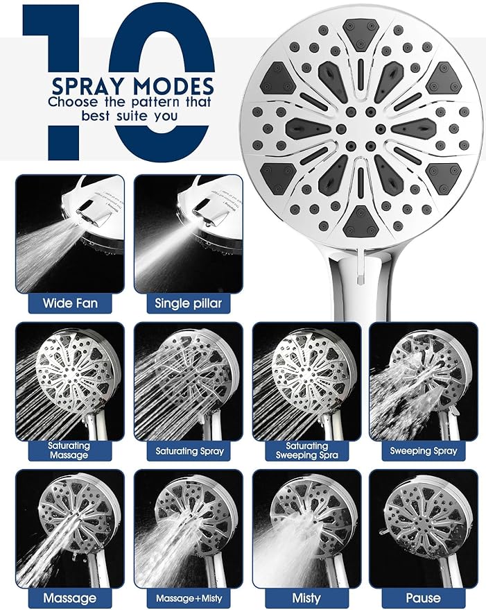 Filtered Shower Head with Handheld and Hose, 10 Spray Modes High Pressure Showerhead for Hard Water, Water Saving Removable Filter with Beads, Chrome Finish, WaterSense & CUPC Certified