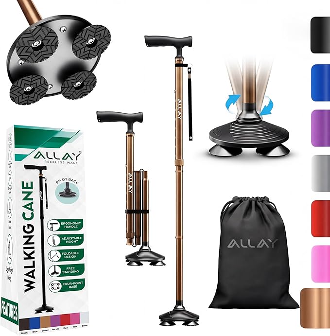 Allay Walking Canes for Men & Women - Adjustable Canes for Women for Stability, Self Standing Wide Quad Pivot Base, Light Weight, Soft Handle Grip and Travel Bag, Walking Sticks for Seniors & Adults