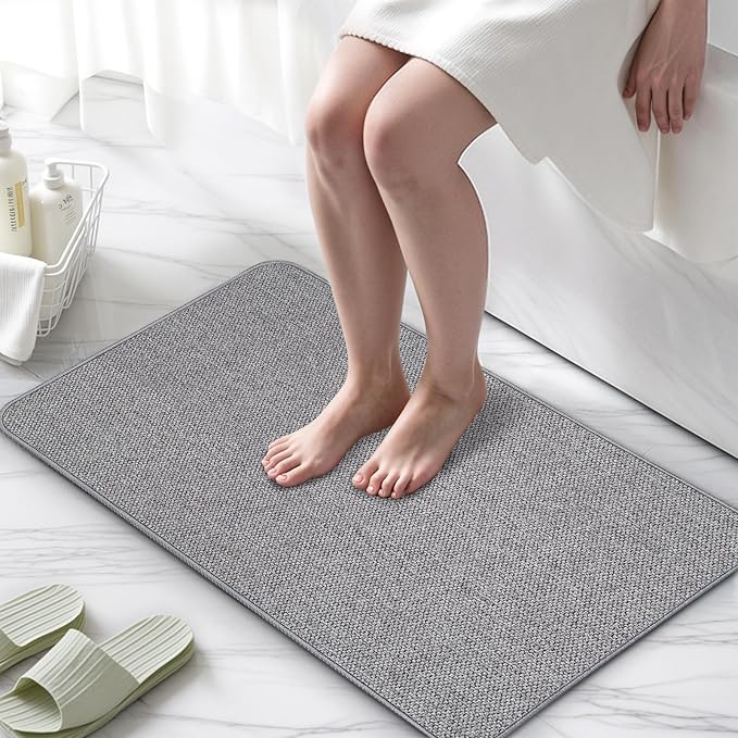Bath Mat Non-Slip, Ultra Thin Bathroom Rugs with Rubber Backing, Absorbent,Quick Dry Machine Washable, Home Decor Accessories Cozy Cloth Bathroom Rugs fit Under Door/Sink/Tub/Shower,Gray,17x27 Inch