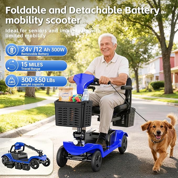 Mobility Scooter,Folding Motorized Scooter,300 lbs Capacity, Equipped with 300W Motor,Removable Battery,Dual Baskets,15 Miles Travel,Suitable for All Terrains (Blue)