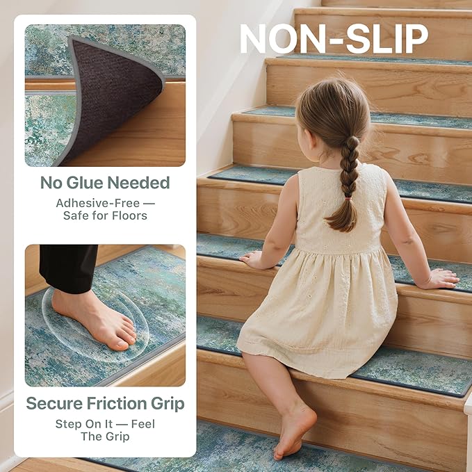 Non Slip Stair Treads for Wooden Steps 15PCS - 8"x30" Indoor Safety Carpet, Edging Mats with TPE Adhesive Backing, Pet and Elderly Friendly Stair Rugs (Abstract Blue Green)