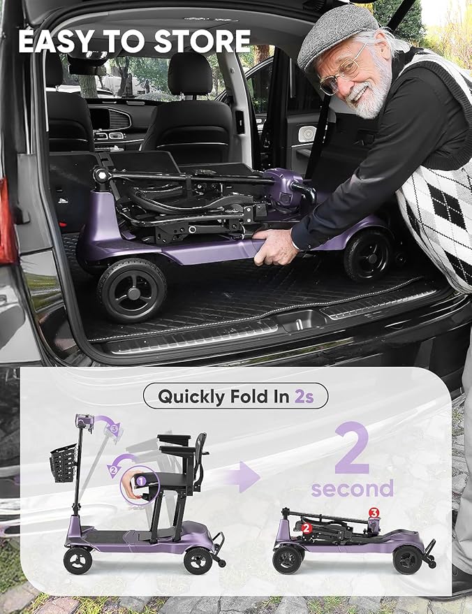 Mobility Scooters for Adults & Seniors - Ultra Lightweight 27.5 lbs Carbon Fiber Folding Electric Scooter - Airlines Approved All-Terrain Portable Scooter with Basket and Charger Included-Purple