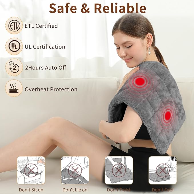 Weighted Heating Pad with Massager, FSA Electric Heating Pad for Back Pain Relif, 2.88LBS Heat Pad for Period Cramps with 2H Auto Shut Off 3 Massager Levels and 3 Heating Levels, 12"x24" Dark Grey