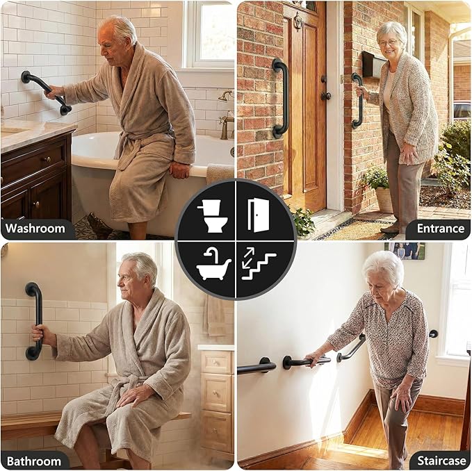 One Pack 12 Inch Matte Black Shower Grab Bar Stainless Steel Safety Hand Rail Support for Showers Bathroom Balance Bar Safety Hand Rail Handicap Bath Handle Senior Assist Bar Home Care Bath Handrail