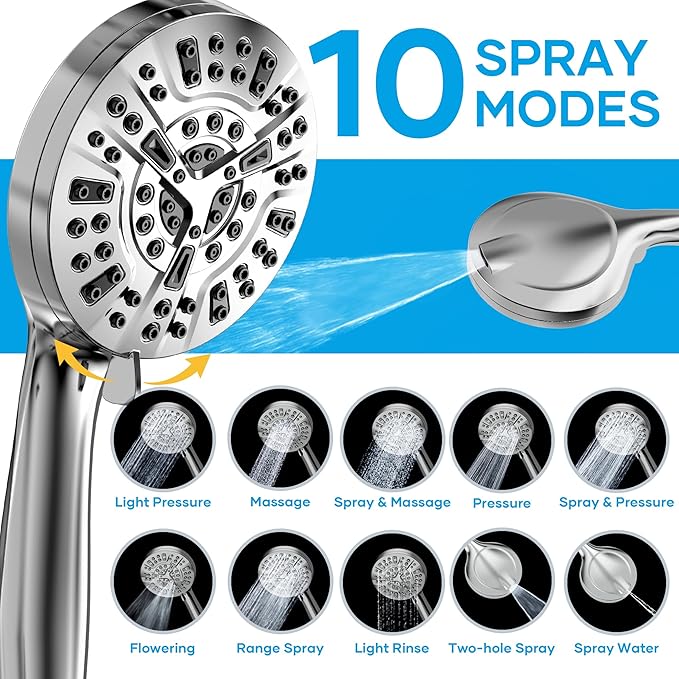 Shower Head with Handheld Spray Combo,High Pressure Dual Double Rain Shower Head with Handheld 10-Mode 78" Hose Chrome