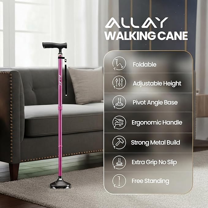 Allay Walking Canes for Men & Women - Adjustable Canes for Women for Stability, Self Standing Wide Quad Pivot Base, Light Weight, Soft Handle Grip and Travel Bag, Walking Sticks for Seniors & Adults