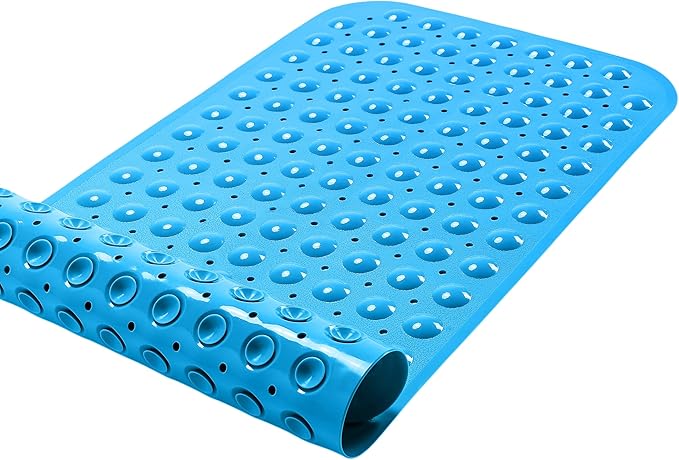 Large Non-Slip Bathtub & Shower Mat 31”x16” (Smooth/Non-Textured Tubs Only) Safe, Clean, Machine-Washable, Superior Grip&Drainage, Vinyl, Opaque Light Blue