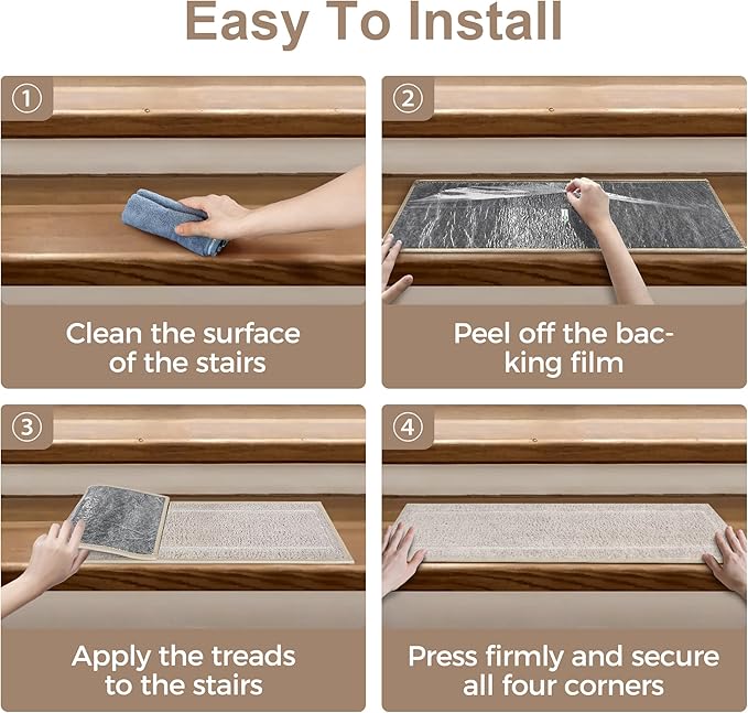 Non Slip Microfiber Stair Treads for Wooden Steps, 15PCS 8"x30" Indoor Safety Carpet, 3D Cut & Loop Tufted Edging Mats with TPE Adhesive Backing, Pet & Elderly Friendly Stair Rugs (Beige Border)
