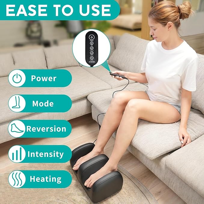 MASGRE Foot Massager with Heat, Shiatsu Kneading Feet and Calf Massagers for Relaxation, Relief for Tired Muscles & Plantar Fasciitis Relief, Deep Tissue Massage, Gifts for Mom & Dad, Wired Remote