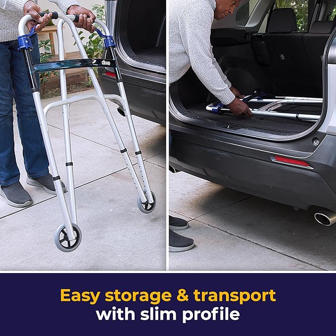 Drive Medical Trigger Release Folding Walker - Lightweight Brushed Steel Design - Easy Trigger Folding Mechanism - 5 Inch Wheels - Contoured Hand Grips - Senior Mobility Aid