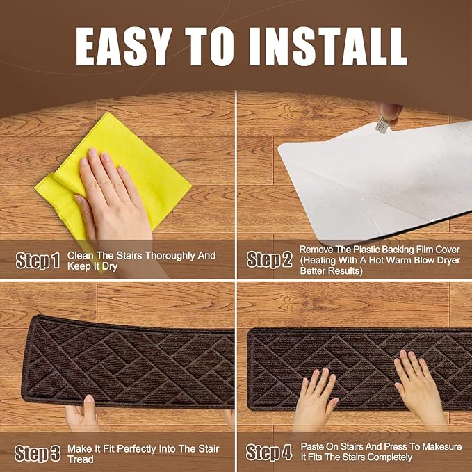 15 Pack 8 "X 30" Non-Slip Carpet Stair Treads for Indoor Wooden Steps, Made of Polyester and Reusable Adhesive, Suitable for Kids Elders and Pets（Brown Lines）