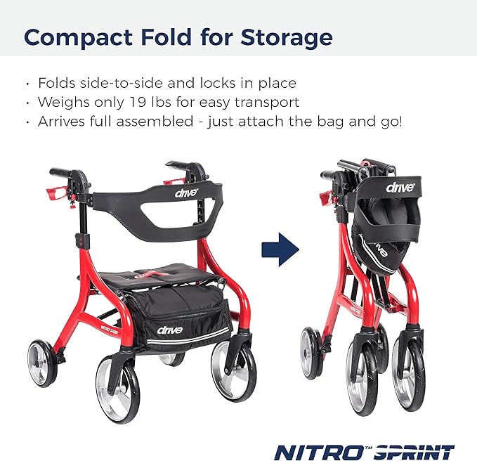 Drive Medical Nitro Sprint Foldable Rollator Walker with Seat, Petite Height Lightweight Rollator with Large Wheels, Folding Rollator, Short Rolling Walker for Seniors and Adults, Red