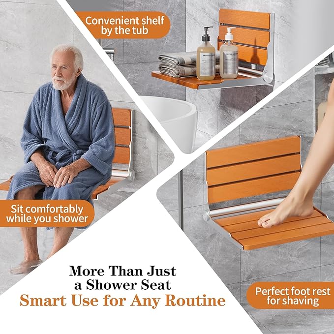Folding Shower Seat Wall Mounted, 15" Folding Shower Bench for Elderly, Disabled, Pregnant, Foldable Shower Chair for Small Bathroom, 400 lbs Capacity, Space-Saving Design - Teak