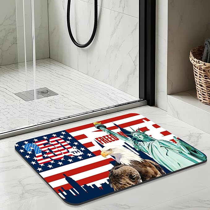 Quick Dry Bath Mat for Bathroom,Super Absorbent Patriotic 4th of July Welcome Bath Rug Non-Slip Rubber,Machine Washable Bathroom Floor Mat for Shower, Tub, Sink Area Independence Day Eagle 16x24