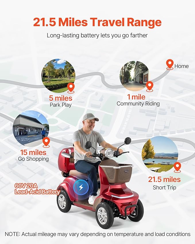 VEVOR Heavy Duty 4-Wheel Mobility Scooter, Powerful 1000W Brushless Motor, 500 lbs Capacity, 21.5 Miles Long Range, All Terrain Mobility Scooter with Lockable Trunk for Seniors & Adults