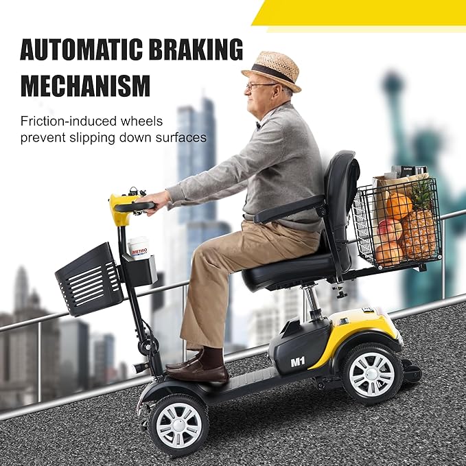 Metro Mobility 4 Wheel Electric Folding Mobility Scooters for Seniors - 300 lbs Capacity Motorized Scooter for Adults, Travel - 300W Powerful Motor - Yellow
