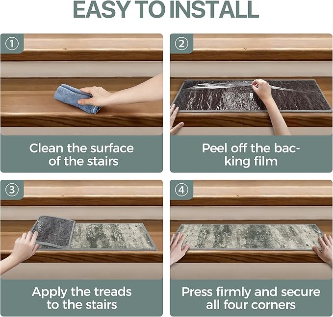 Non Slip Stair Treads for Wooden Steps 15PCS - 8"x30" Indoor Safety Carpet, Edging Mats with TPE Adhesive Backing, Pet and Elderly Friendly Stair Rugs (Muted Green/Beige)