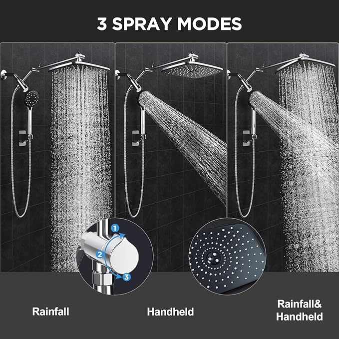 Veken 11.8" Rain Shower Head with Handheld, High Pressure Handheld Shower with Multi Spray Modes, Rainfall Combo with Metal Extension Arm, Detachable Dual Showerhead, Bathroom Decor, Chrome Silver