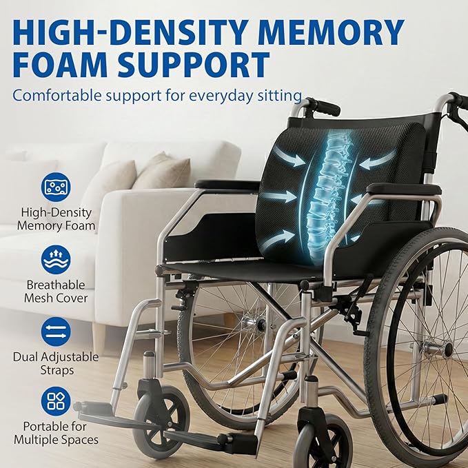 Blue Jay Memory Foam Lumbar Support for Wheelchair - Orthopedic Back Cushion for Elderly, Posture Correction & Lower Back Pressure Relief - Breathable Mesh