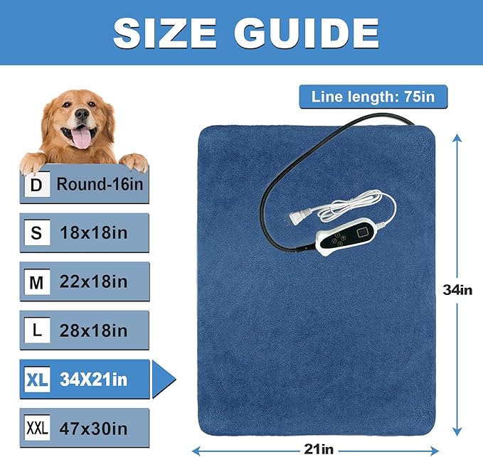 Bestio Large Dog Heating Pad,34x21 in Heated Dog Bed with Constant Heat MET&UL Certified Pet Heating Pad,Chew-Resistant Cord,Waterproof Washable Cover - Blue