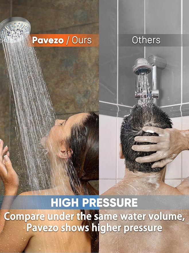 Pavezo® High Pressure Handheld Shower Head with Filter, ON/OFF Switch Pause Button, 10-mode Shower Head with Hard Water Softener Filters, SS Hose, Anti-clog & Powerful Clean Tile & Pet, Brushed Nickel