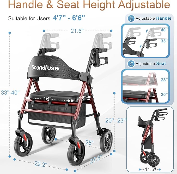 SOUNDFUSE Walkers for Seniors, Rollator Walker with Seat, 8" All Terrain Wheels, Double Support Bar, 16" Ergonomic Arc Seat and Comfortable Backrest, Dual Height Adjustable and Foldable Design