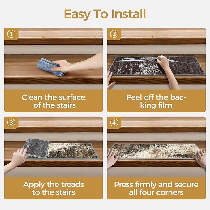sarben Carpet Stair Treads Non Slip 15PCS, 8" X 30" Edging Stair Runner for Wooden Steps Indoor, Resistant Stair Rugs with Reusable TPE Adhesive Backing, Residue Mat for Elders, Pets, Chestnut/Smoke