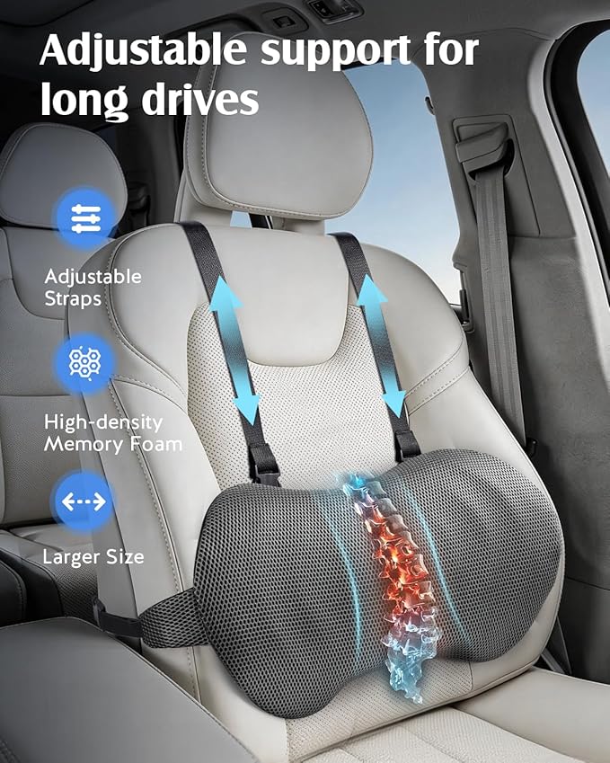YFONG Lumbar Support Pillow for Car & Office Chair, Memory Foam Back Cushion with Adjustable Straps Non-Slip, Firm Support for Lower Back Pain Relief, Grey