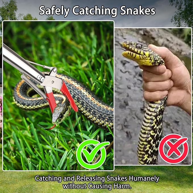 50in Snake Grabber, Snake Tongs Grabber Collapsible, Professional Reptile Snake Catcher Wide Jaw Handling Tool, Stainless Steel Snake Hook Long Reach Grabbers for Camping, Garden and Emergency Use