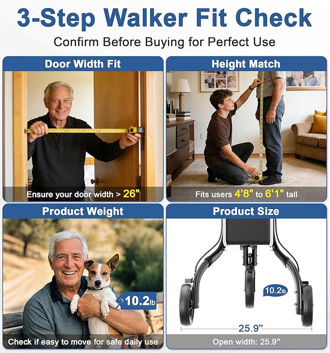 SOUNDFUSE 3 Wheel Walkers for Seniors, Lightweight Foldable Aluminum Rollator Walker, Height Adjustable Three Wheel Walker, Black