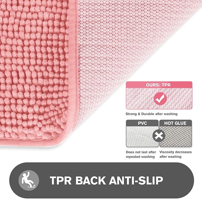 Pink Bathroom Rugs – Absorbent and Washable Bath Mat, Non-Slip, Thick Soft Chenille Bath Rugs for Bathroom Floor, Shower, Sink - 17" x 24"