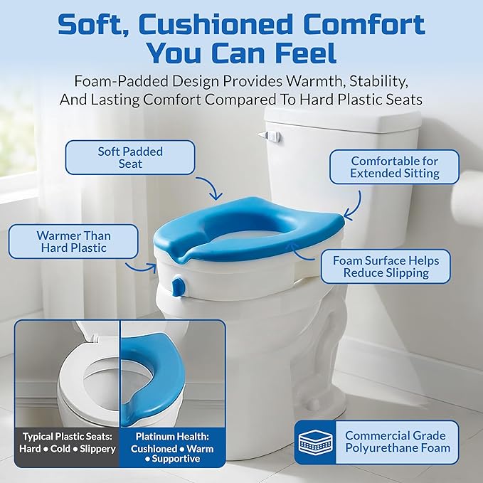 Platinum Health Soft-TOP 2.0 Deluxe Padded Raised Toilet Seat. Soft, Warm Padded Elevated Riser for Elongated/Round Toilets. Adds 5.5 Inches in Height for Safe Toileting. (no armrests)