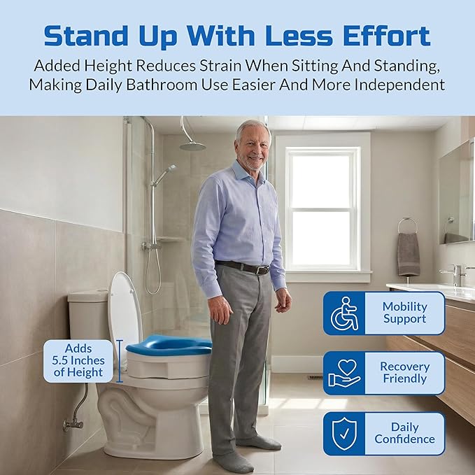 Platinum Health Soft-TOP 2.0 Deluxe Padded Raised Toilet Seat. Soft, Warm Padded Elevated Riser for Elongated/Round Toilets. Adds 5.5 Inches in Height for Safe Toileting. (no armrests)