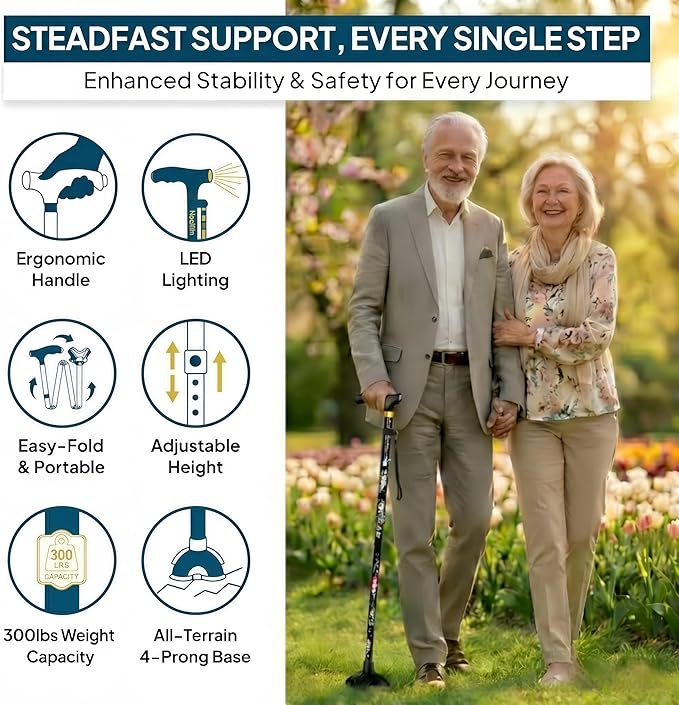 Walking Cane with LED Light, Foldable,Adjustable, Self Standing Walking Canes for Men & Women,Walking Sticks with Quad Base for Seniors & Adults