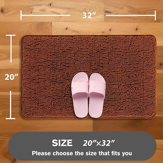 Rust Bathroom Rugs – Absorbent and Washable Bath Mat, Non-Slip, Thick Soft Chenille Bath Rugs for Bathroom Floor, Shower, Sink - 20" x 32"