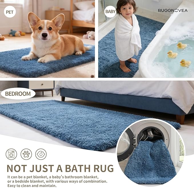 Bathroom Rugs Non Slip Washable 59x24, Ultra Thick Soft Microfiber Absorbent Bath Mats, High Density Foam Latex Non Slip Backing Bath Rugs, Fluffy Floor Carpet for Tub&Shower, Blue