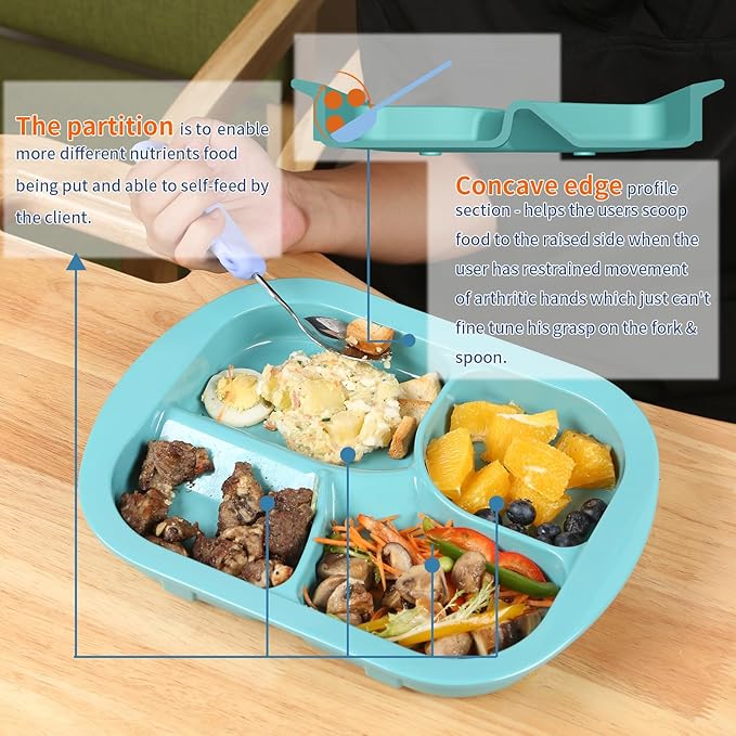 Adaptive Utensils Scoop Weighted Plate,Spill-proof 4-Compartment Divided Plates with Extra Wall for Elderly,Non-slip Disabled Products for Handicapped to Self-feeding-Pack of 1