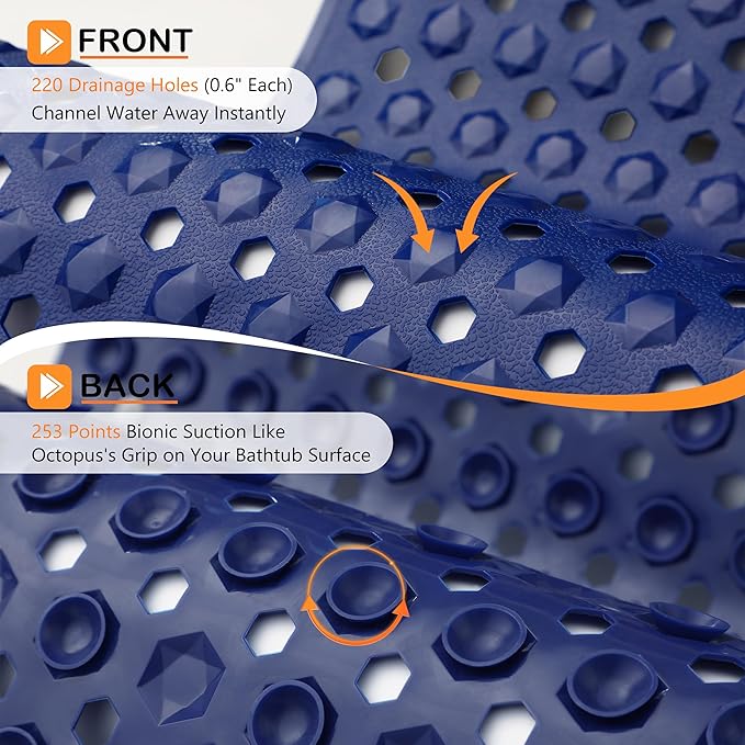 Yimobra Bath Tub Mat Non Slip, 34.5"x15.5" Long Shower Mat, Machine Washable Bathmat with Drain Holes and Suction Cups, Soft on Feet, Bathroom Essentials, Dark Blue