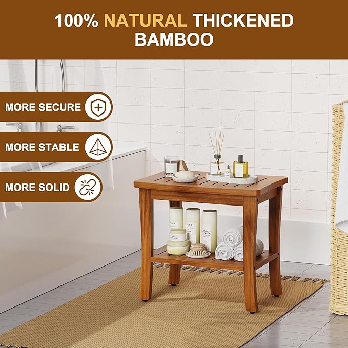 Large Teak Wood Shower Bench Stool with Storage Shelf Wooden Teak Bench for Shower Seat Chair for Inside Shower Waterproof Teakwood Shower Bench Bathroom Spa Bathing Shower Stool with Non-Slip Feet