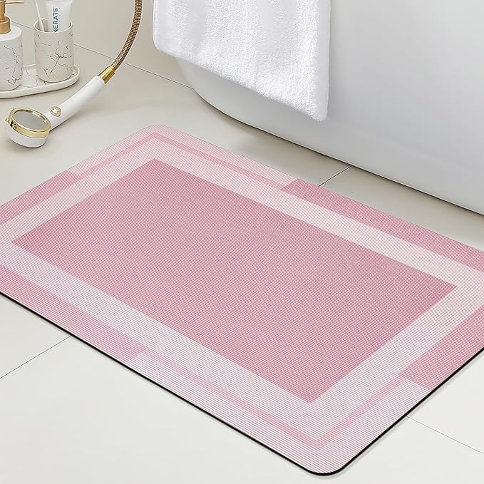 ACCUMTEK Non Slip Bath Mat, Thin Bathroom Rugs Fit Under Door, Quick Dry Bath Mats, Machine Washable Bath Rugs for Bathroom, Bathtub & Kitchen, Bathtub & Kitchen, Pink/Bordered/24 x17