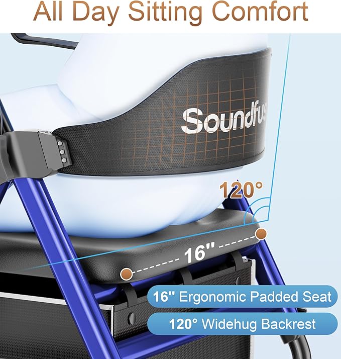 SOUNDFUSE Rollator Walkers for Seniors with Seat, Foldable Lightweight Rolling Walker with 8" Big PU Wheels, Ergonomic Seat, Dual Height Adjustment