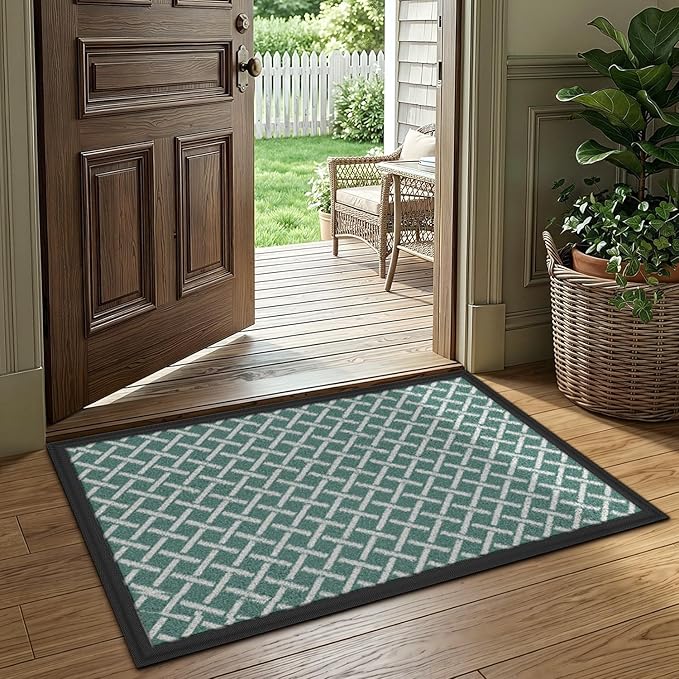 LUMI Front Door Mat 17x30, Low-Profile Non-Slip Welcome Mat for Indoor Outdoor, Stain & Fade Resistant Geometric Door Mat for Entryway Patio Porch, Grid-Teal