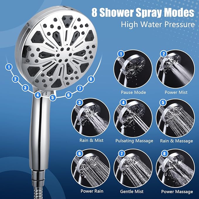 Shower Head with handheld, 10 spray, Magnetic Shower Head, High Pressure Handheld Shower Head, Adjustable Bracket, Built-in Pause Mode & Power Wash, Showerhead with 60" LeakProof Hose, 1.8 GPM