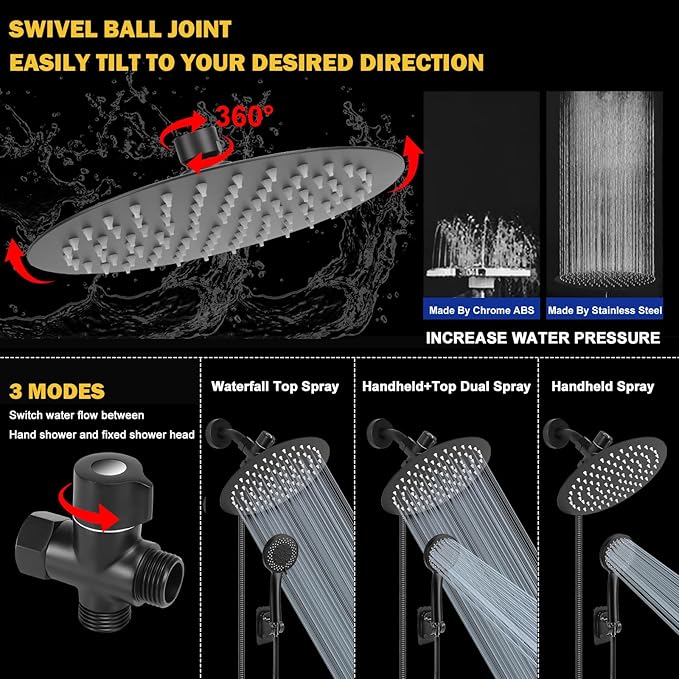 NearMoon Shower Head with Hose, High-Pressure Stainless Steel 8'' Rain Shower and 5 Settings Handheld Spray Combo with Push Button Flow Control for Easy Operation (Matte Black)
